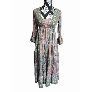 Boemo Anthropologie Floral Tiered Maxi Dress Ruffle Sleeves Small Boho Peasant